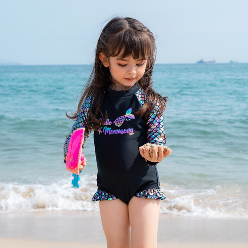 Momasong children's swimsuit girl's fish scale long-sleeved one-piece swimsuit for small and medium-sized children baby mermaid swimsuit