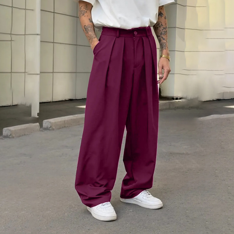 Men's Fashion Urban Solid Color Double Pleated Drape Mid Waist Loose Plaid Daily Straight-Leg Casual Pants Men's Fashion Urban Solid Color Double Pleated Drape Mid Waist Loose Plaid Daily Straight-Leg Casual Pants