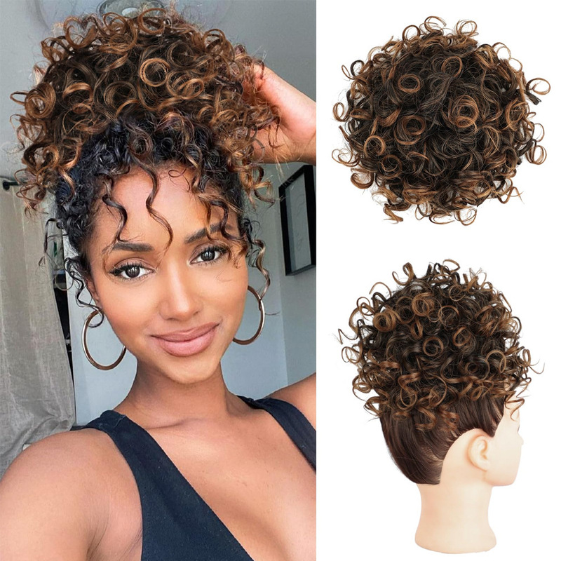 European and American Cross-Border Synthetic Fiber Drawstring Ponytail Wig for Women, Short Curly Drawstring Fluffy Messy Hair Bun