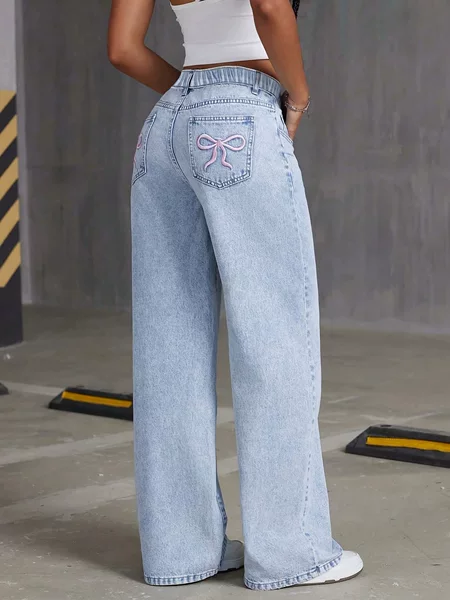 Cross-Border Hot-Selling Item in Stock Exclusively for Amazon: Bowknot Embroidered High-Waisted Jeans for Older Girls in a Sweet and Spicy Style