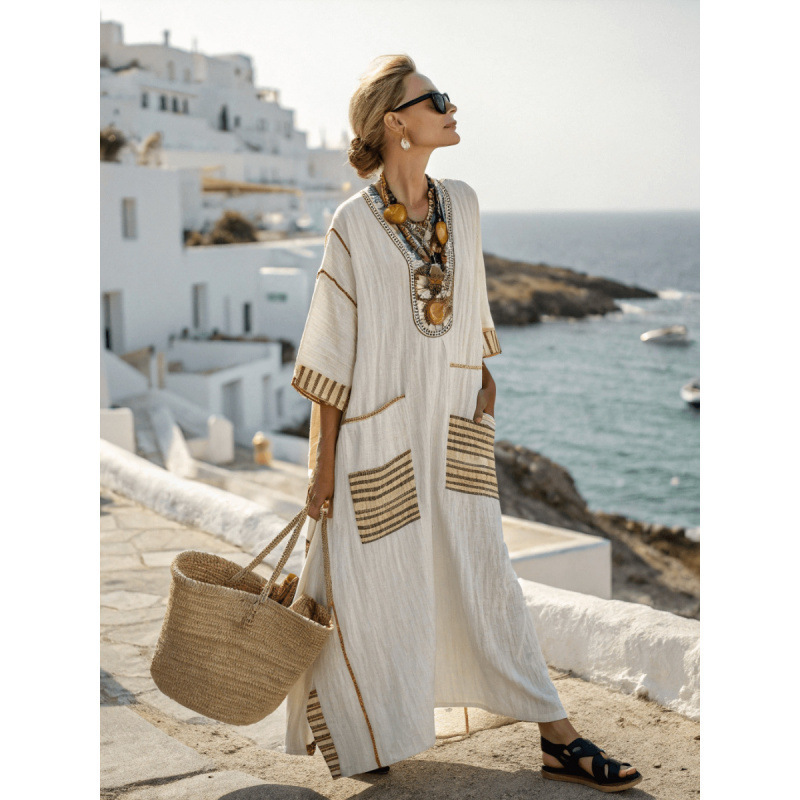 Cross-Border Amazon European and American Cross-Border 3D Digital Printing V Neck Five-Quarter Sleeve Long Patch Pocket Kaftan Dress