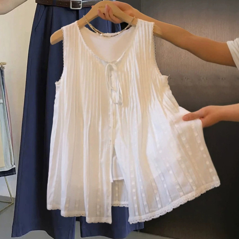 Korean-Style Heavy Lace Embroidery White Shirt for Women, Summer 2026 New Style, Pleated High-End Sleeveless Top A12078