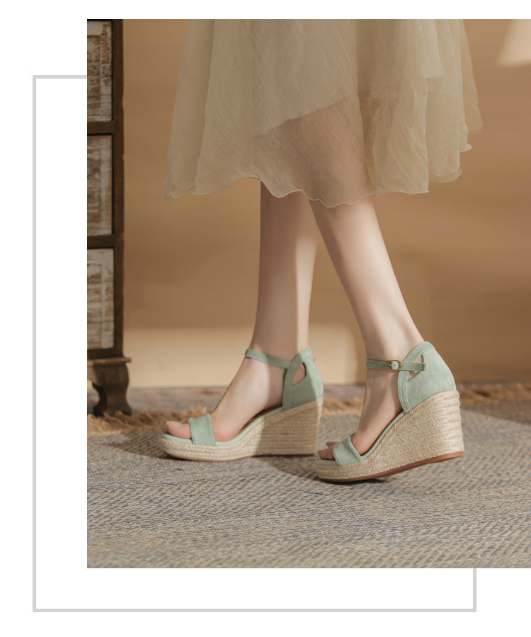 Sandal nữ gót xuồng cao đế dày hở mũi quai đan dây thừng — Xanh lá cây nhạtcolor chi tiết 17