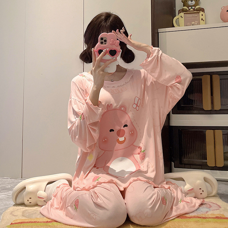 モーダル綿パジャマ少女春秋夏涼感薄い長袖かわいいカピバラホームウェア胸パッド付き|undefined