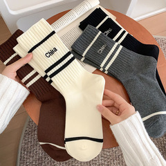 秋冬新款襪子女網紅黑白襪子字母刺繡高筒堆堆襪寬鬆條紋女襪日系