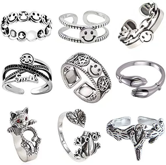 Retro Adjustable Ring Set, Punk Style, Alloy Electroplated, 16-Piece Mix (Adjustable)
