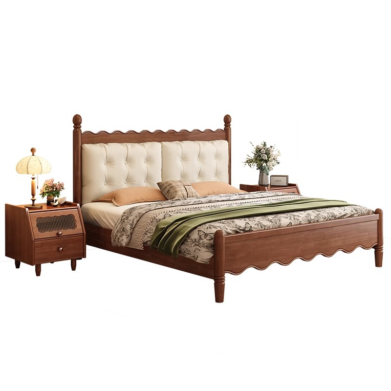 Cama de madera maciza de estilo crema medieval cama doble francesa Windsor dormitorio principal moderno simple nube pequeña casa