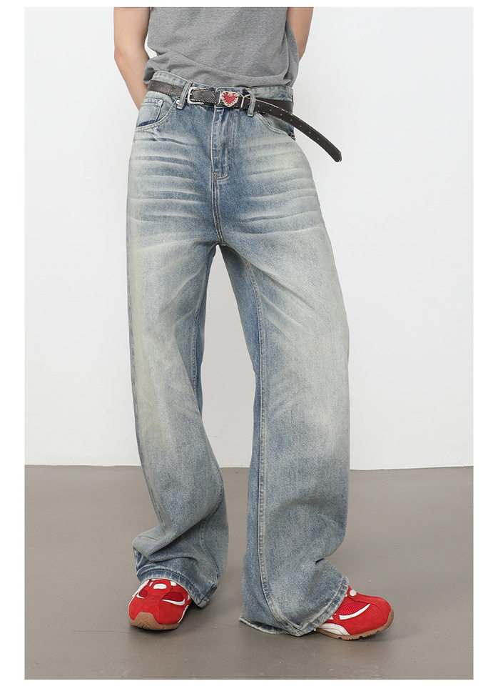 Quần jeans nam ống rộng dáng thẳng lưng giữa, phong cách retro, dài chấm gót — màu xanh chi tiết 13