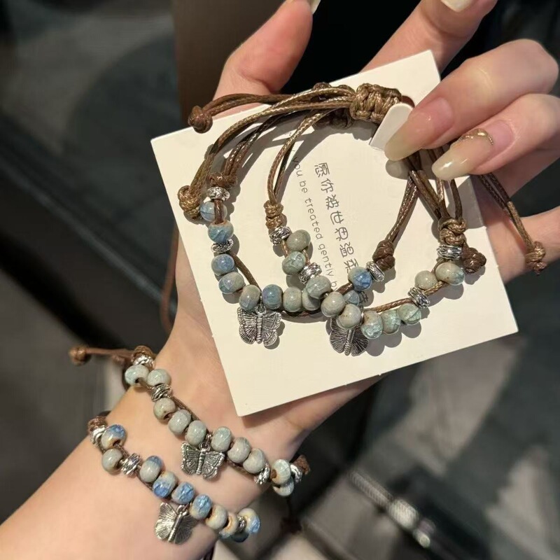 New Chinese-Style Yunyao Dream Butterfly Ceramic Beaded Woven Bracelet Vintage National Trend Ethnic Style Popular Hand Accessory