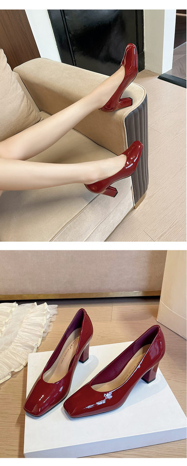 Giày cao gót nữ mũi vuông gót dày da sáng chế thanh lịch công sở, gót 6–8 cm — Màu trắng nhạt, rượu vang đỏ, đen chi tiết 10