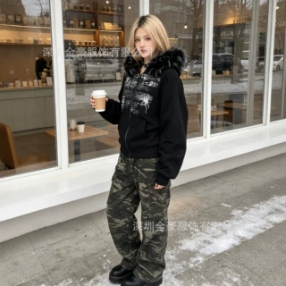 哥特风蜘蛛印花毛领短款拉链卫衣女辣妹修身街头感个性印花连帽衫