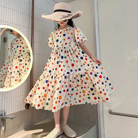 2025新款女童波点连衣裙女孩洋气泡泡袖连裙子女大童韩版公主裙潮
