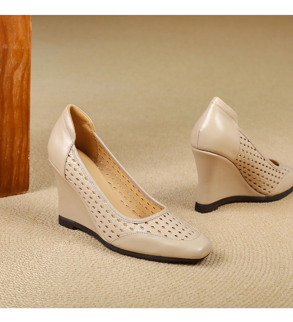 Giày sandal nữ da thật mũi vuông gót xuồng thấp, xỏ chân thoáng khí đi làm — màu trắng ngà, màu mơ chi tiết 14