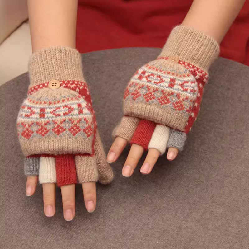 Japanese-Style Ins Flip Dual-Use Gloves Korean Version Winter Warm Women's Student Fleece-Lined Writing Fingerless Half-Finger Wool Cross