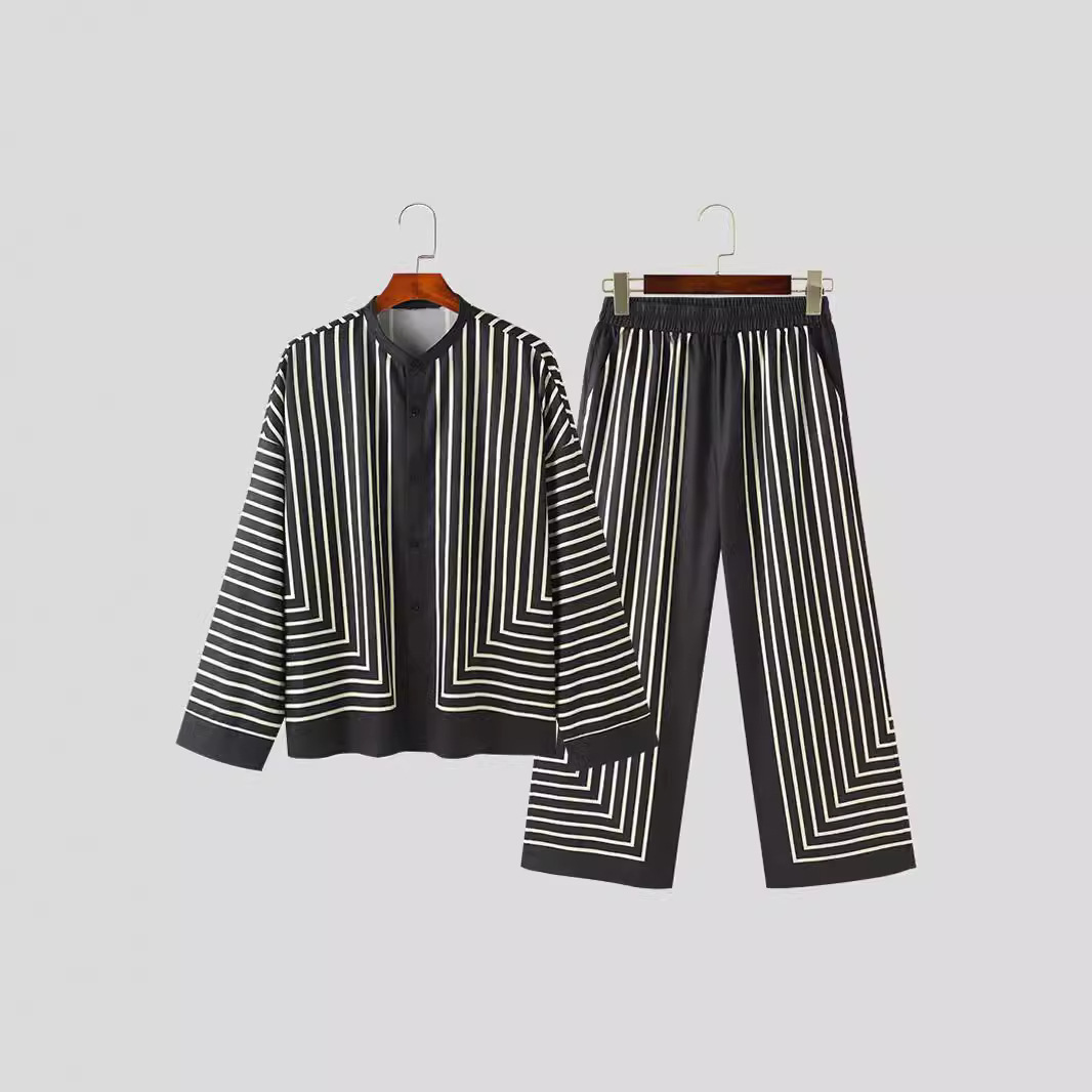 국경 간 대외 무역 새로운 유럽과 미국 남성의 느슨한 긴팔 카디건 와이드 레그 캐주얼 바지 게으른 스타일 포지셔닝 줄무늬 세트