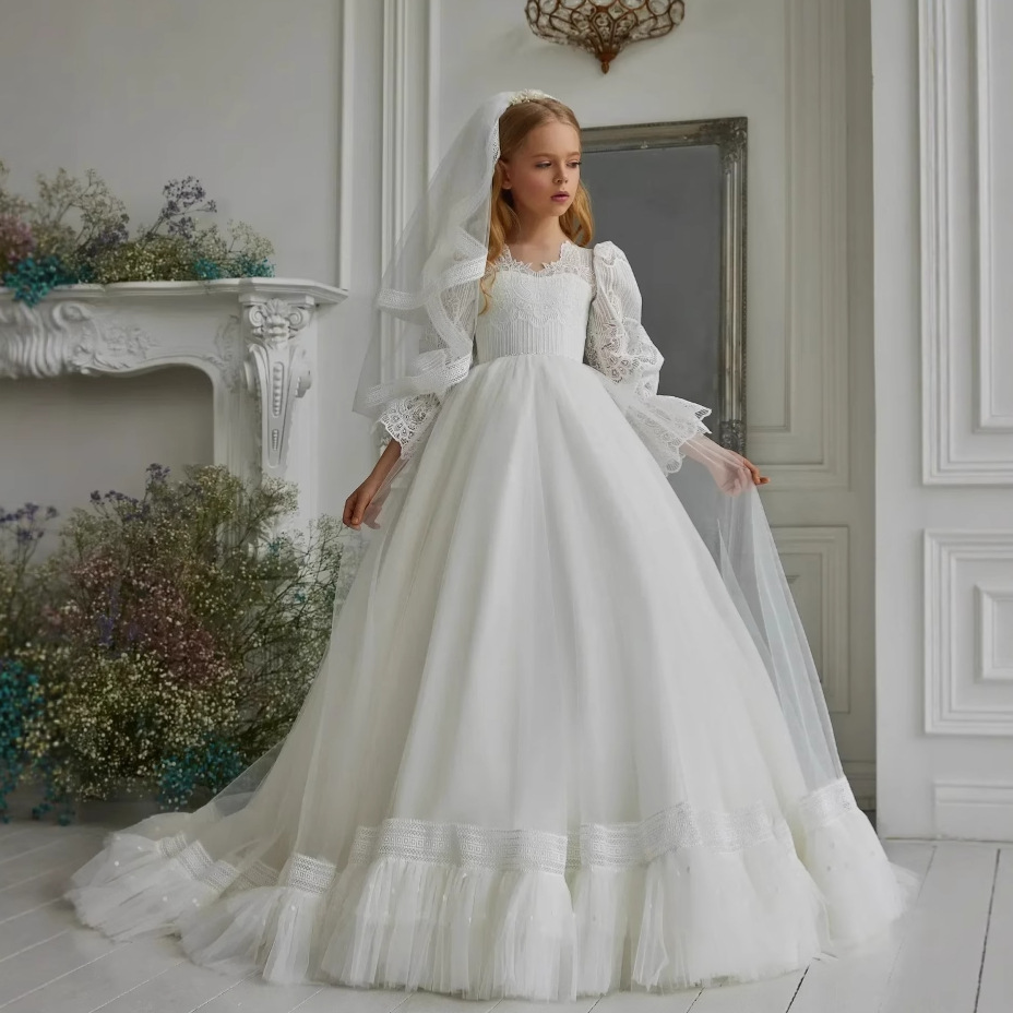 Vestido largo de encaje abullonado para niña, estilo princesa, de malla, para fiesta de cumpleaños, vestido casual para niñas de 3 a 8 años【Preventa | Envío en 15 días】_voghion.com