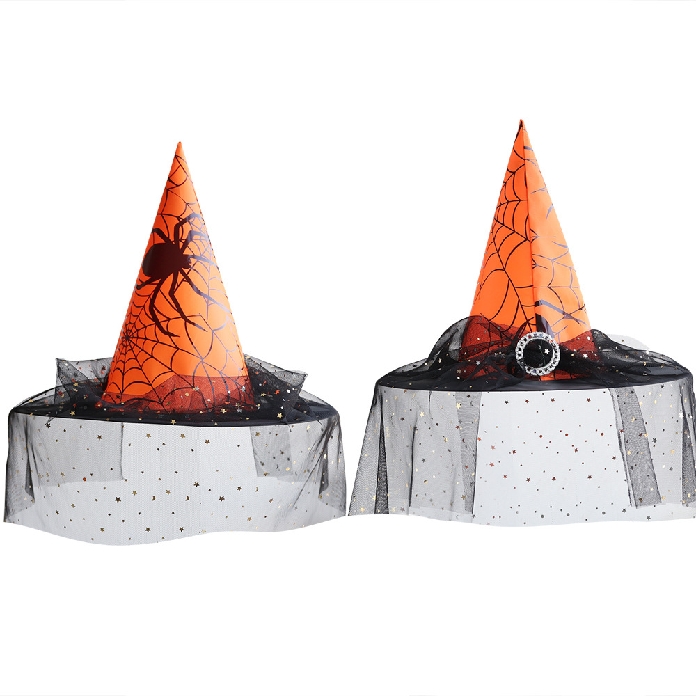 Sombrero de bruja de Halloween, velo de encaje, sombrero puntiagudo, maquillaje, accesorios de disfraces, sombreros, sombreros de malla, sombreros de brujo