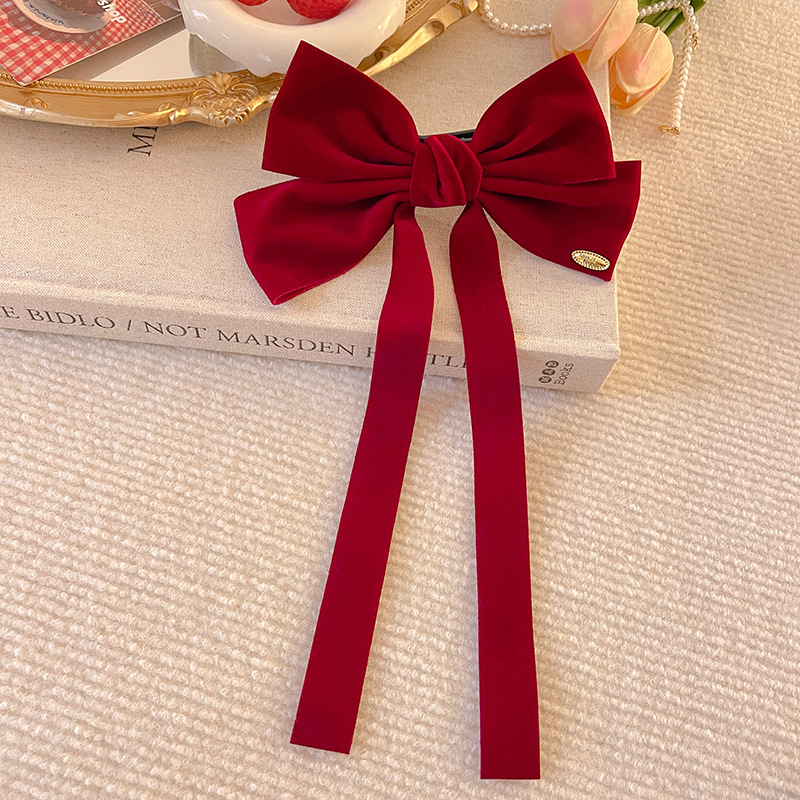 New Year Red Velvet Bow Clip For Women With Ribbon, Duckbill Elegant Back Of The Head Updo Clip, Half-Up Hair Accessory_voghion.com