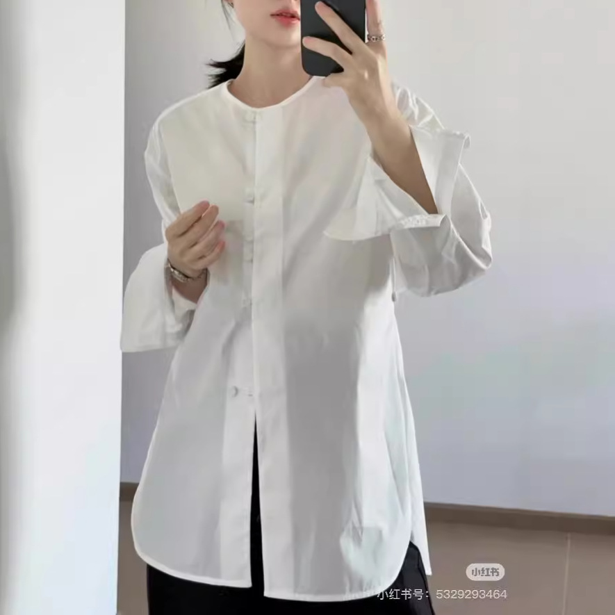 (2개) 간단한 단색 느슨한 피부 친화적 인 통기성 라운드 넥 싱글 브레스트 가을 새로운 긴팔 매일 올 매치 셔츠 탑