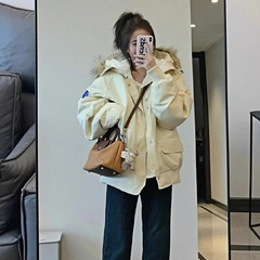 美式复古毛领工装派克服棉服冬季加厚设计感连帽棉衣情侣时尚套装