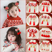 中國風兒童發夾花朵蝴蝶結唐裝發卡女童過年紅色小寶寶兔耳朵頭飾