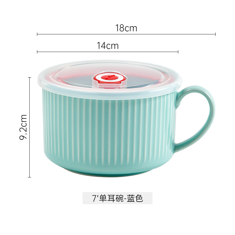 Cuenco de fideos de cerámica de una sola oreja Cuenco de fideos instantáneos simple nórdico con tapa hogar estudiante trabajo dormitorio tazón de taza de fideos instantáneos