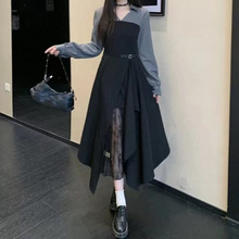 大码蕾丝长袖连衣裙女秋季梨型身材小黑裙胖MM遮肚子显瘦气质裙子