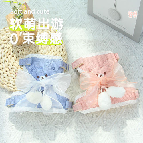 Little bear pet harness, cartoon bow cat leash, anti-breakaway cat leash when going out, pet clothes