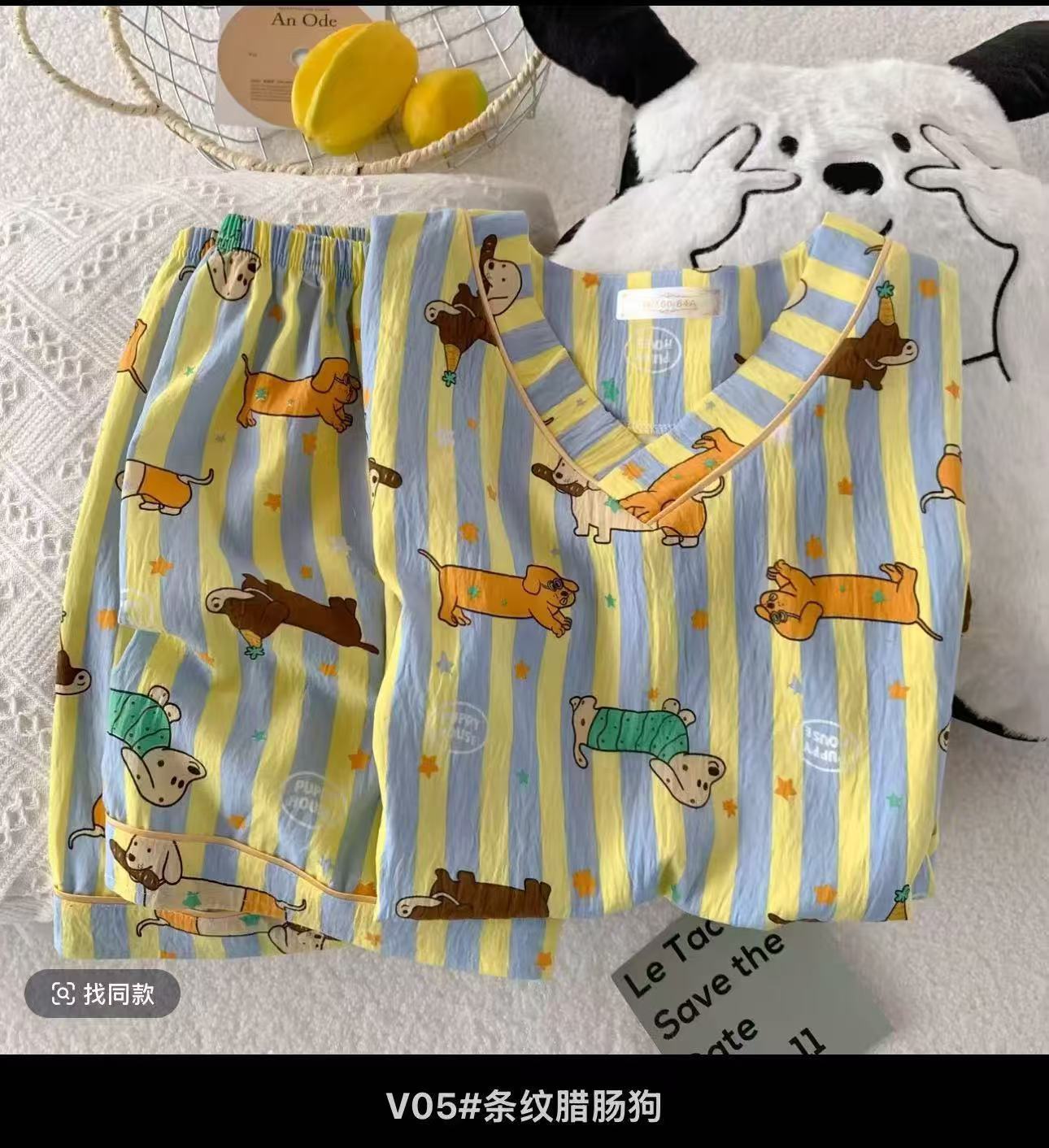 Al por mayor transfronterizo de Vietnam nubes de algodón de manga corta pantalones cortos pijamas de niñas de cuello en V chaqueta de dibujos animados set de ropa para el hogar