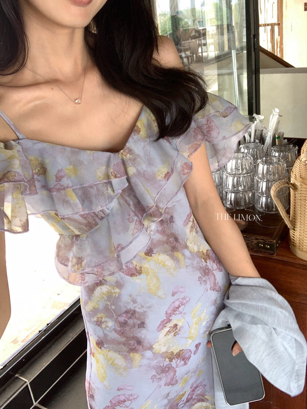 Đầm maxi nữ thắt eo cổ yếm họa tiết hoa nhí phong cách Pháp — màu tím chi tiết 20