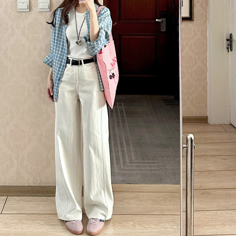 女性のための白いハイウエストワイドレッグジーンズ 2025 春夏ドレープ多用途スリムストレートパンツ|undefined