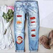 欧美跨境亚马逊独立新款圣诞节破洞印花休闲直筒中腰女装牛仔裤