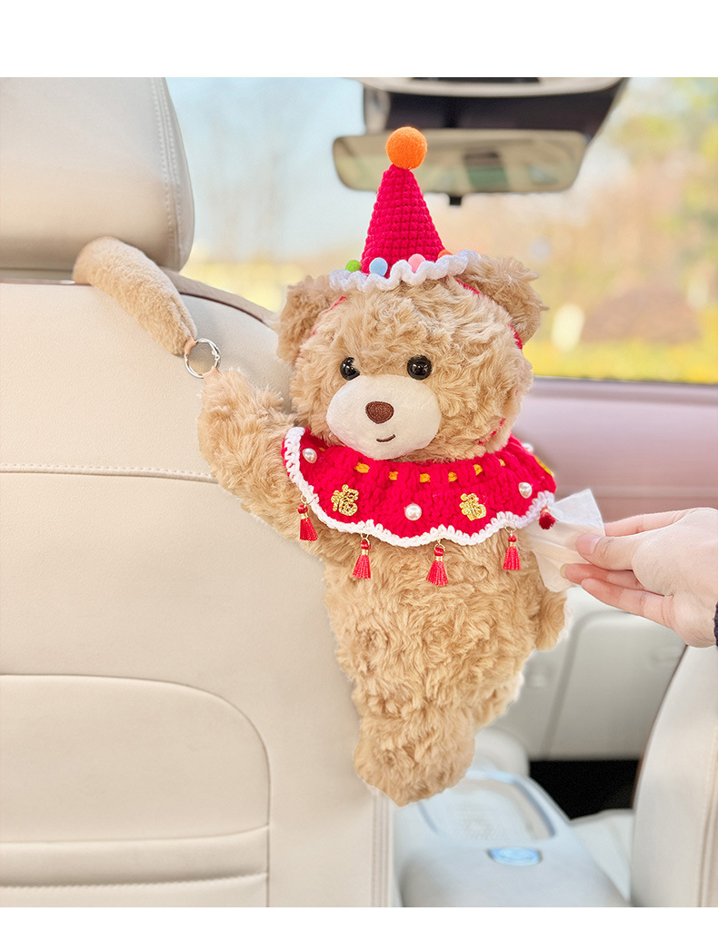 Car-Mounted Tissue Box, Bear-Shaped Hanging Tissue Holder, Creative Rear Seat Tissue Storage, Trash Bin and Tissue Box Two-In-One for Women