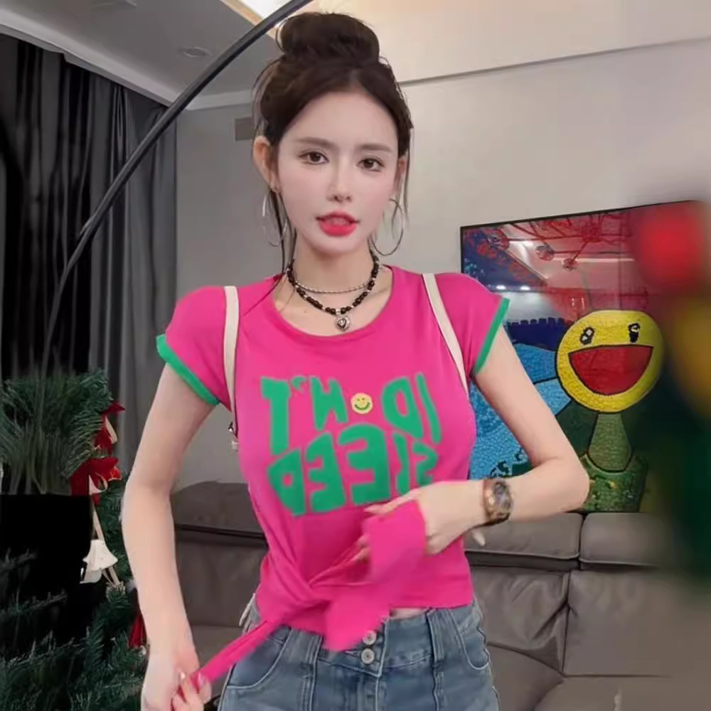 2024 verano cuello redondo color contraste dobladillo anudado camiseta de manga corta mujer nuevo estilo suelto y delgado moda talla grande top mujer