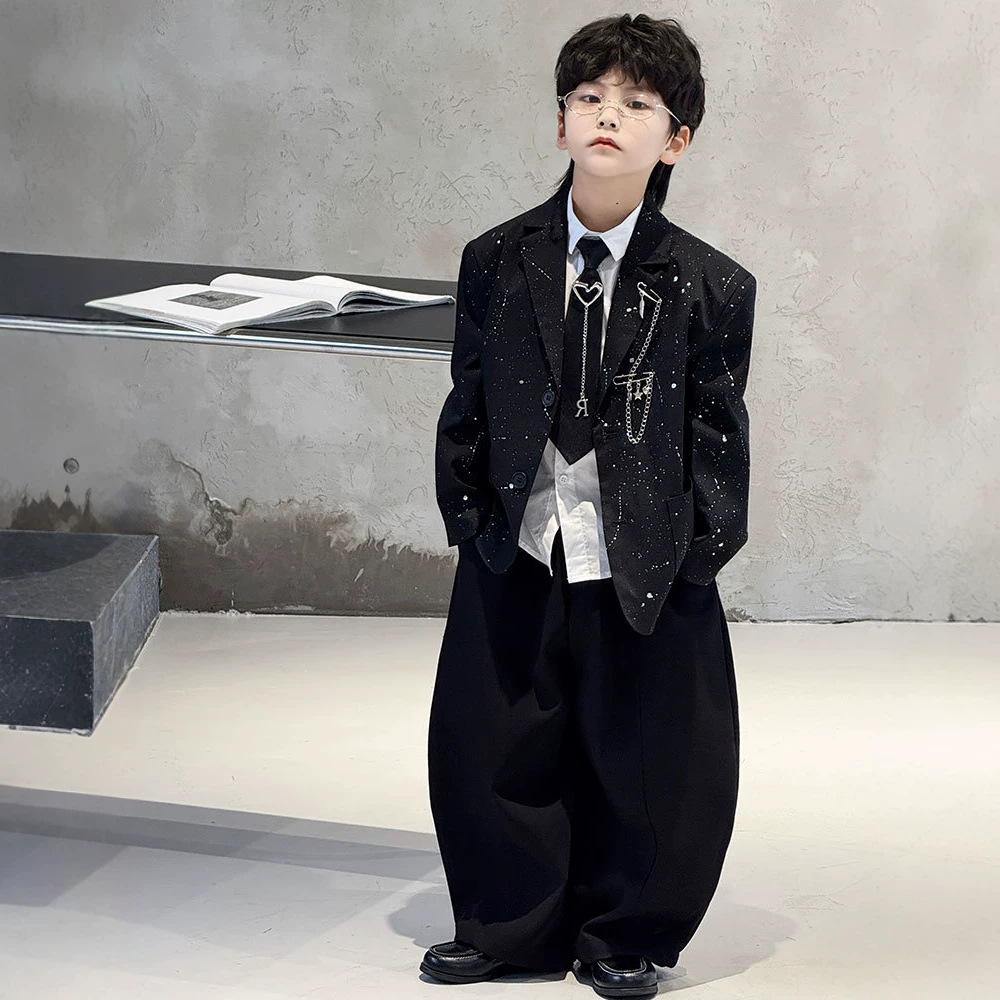 2026新款男童西装套装儿童高级感花童礼服亮闪小西服男孩演出服