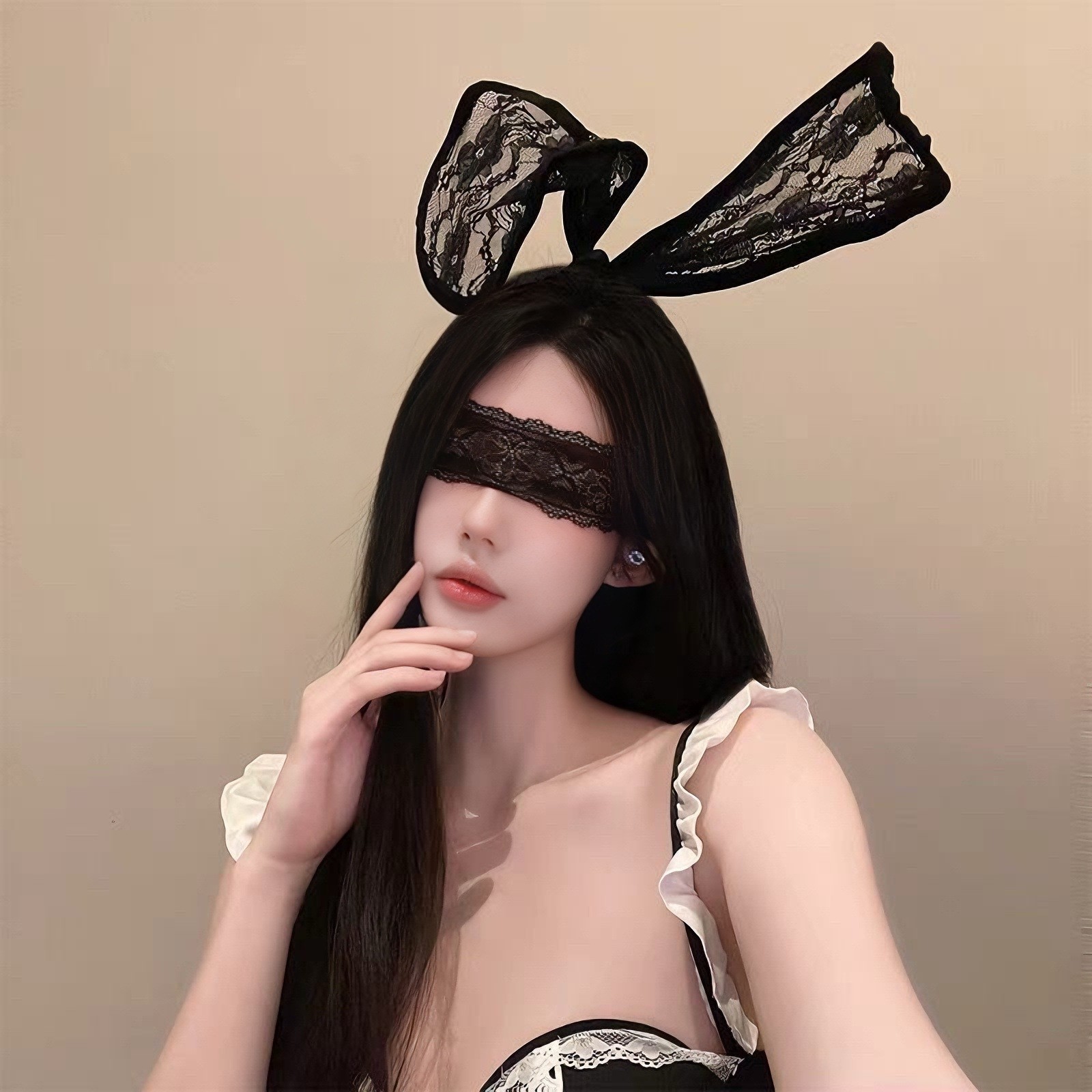 Lace Cat Ear Headband for Women with Eye Mask and Bell, Black Cosplay Hair Accessory — detail image 7