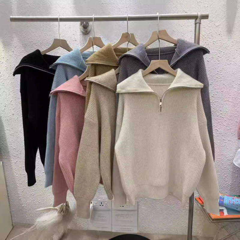 Cross-border Autumn and Winter New Zipper Sweater Knitwear Women's Loose Outer Wear Base Stylish Top Design Niche