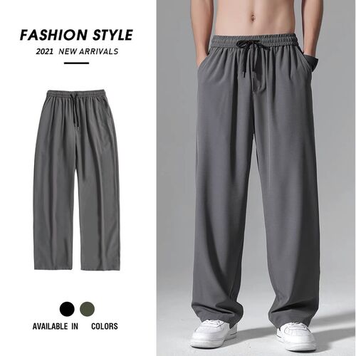 Hong Kong style thin ice silk pants men's spring and summer men's trendy casual trousers sports loose straight wide-leg pants