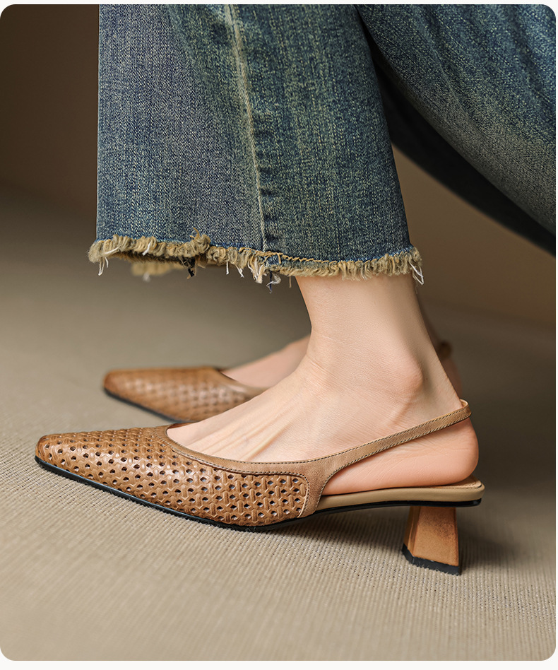 Sandal nữ da bò dệt mũi kín gót thô cao 6 cm phong cách công sở — đen chi tiết 11