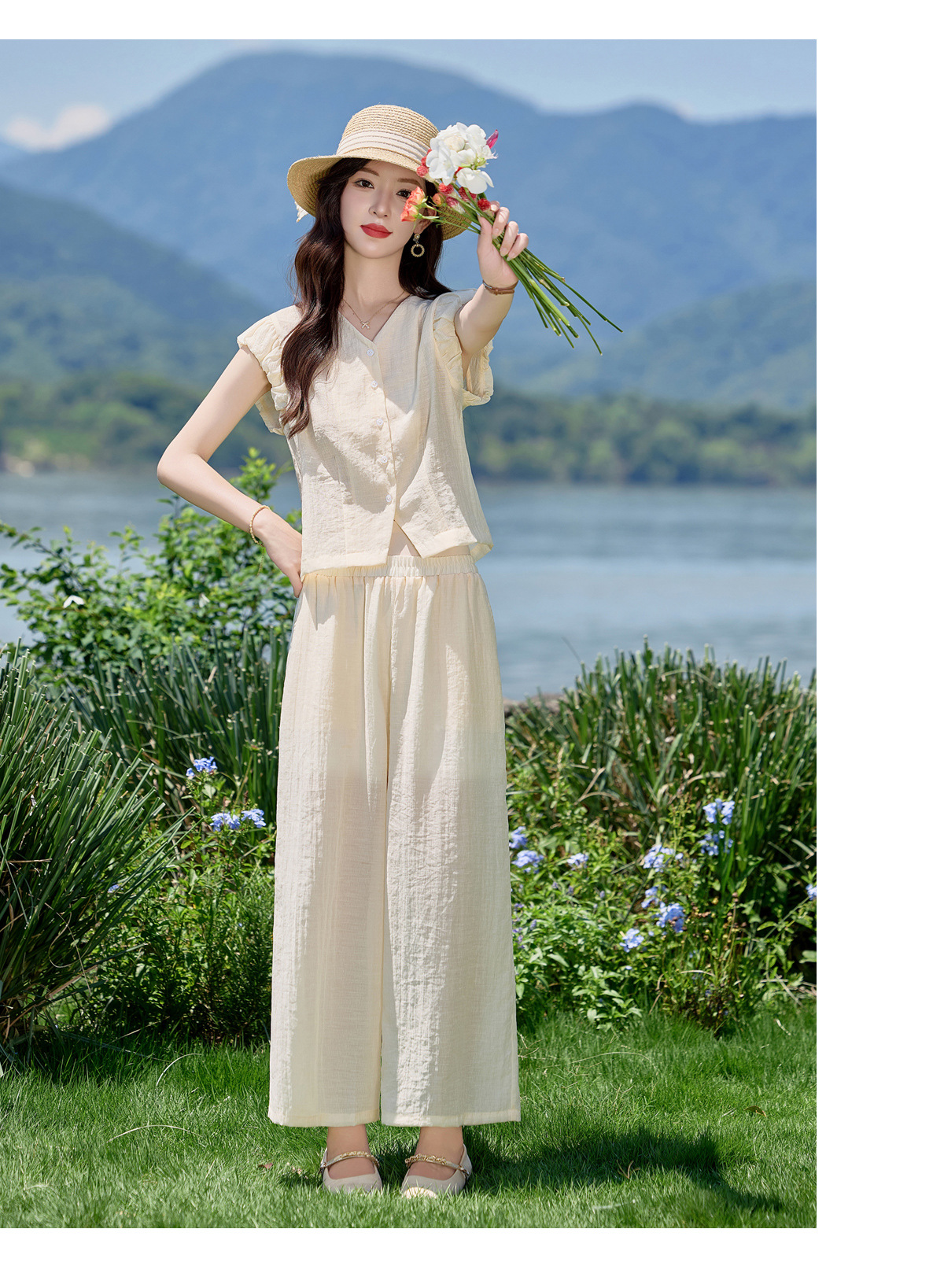 Bộ vest nữ hè 2025 áo sơ mi cổ V ôm quần ống thẳng hai mảnh LB2869 — màu xanh hải quân, Màu trắng nhạt chi tiết 19