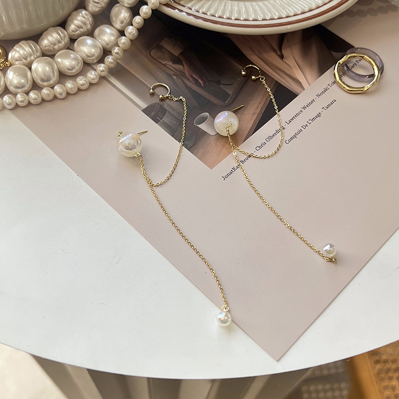 Korean Style Pearl Long Tassel Alloy Earrings Wholesale display picture 3