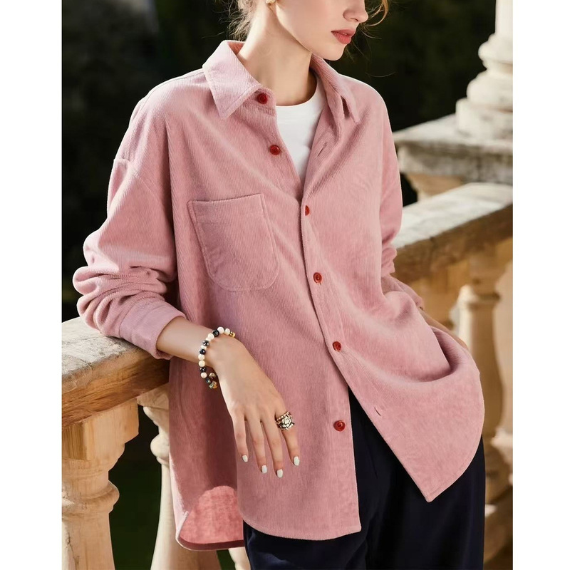 Pink Brushed Corduroy Lapel Shirt for Women 2025 New Autumn and Winter Commuter Shirt High-End Top