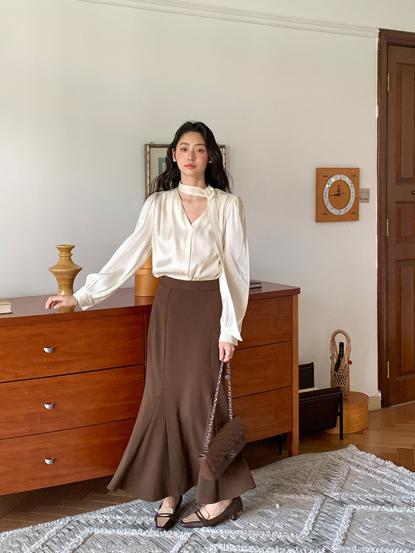 起范 玫瑰飘带雪纺衬衫女2025秋季新款通勤法式衬衣十三行86621|undefined