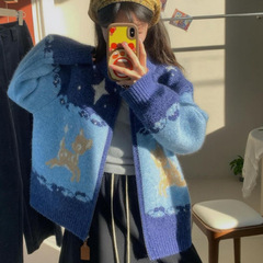 韩系撞色小鹿费尔岛提花翻领毛衣外套女秋冬宽松百搭针织开衫1364