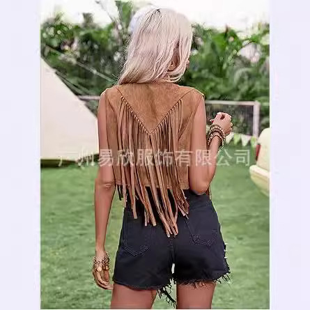 Chaleco con flecos, ropa de mezclilla para mujer, borlas de gamuza, ropa hippie de los años 70, chaleco, chaqueta occidental