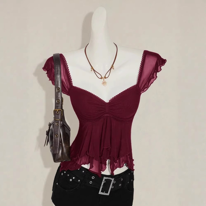 European and American Cross-Border Summer Women's Fashion Retro Vibe Ruffled Hem Flutter Sleeve Camisole European and American Cross-Border Summer Women's Fashion Retro Vibe Ruffled Hem Flutter Sleeve Camisole