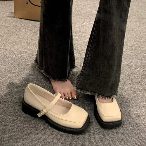 French Retro British Style Women's Small Leather Shoes 2024 Spring New Square Toe Mary Jane Shoes Low Heel Slip-on Flats