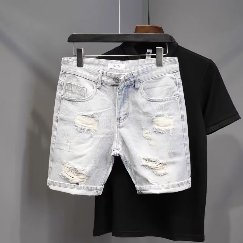 light blue Denim Shorts Boys Simple All-match Trendy Brand Summer New Slim-fit Non-elastic Washed Casual Pants