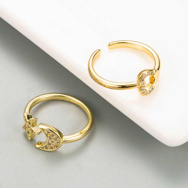 fashion copper inlaid zircon stars moon ring