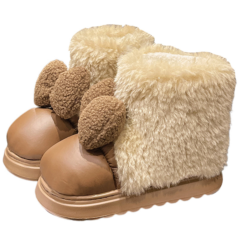 Zapatillas de algodón con tacón de suela gruesa para mujer 2024 nuevas zapatillas de cuero PU para el hogar en invierno más zapatos de algodón de caña alta cálidos de terciopelo image 6